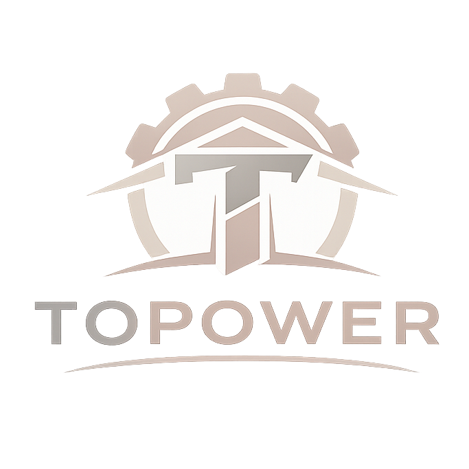 Logo minimaliste Topower en tons pastel représentant une maison stylisée et une roue, symbole de mobilier moderne et fonctionnel – tabouret bar, table industrielle et meuble salon